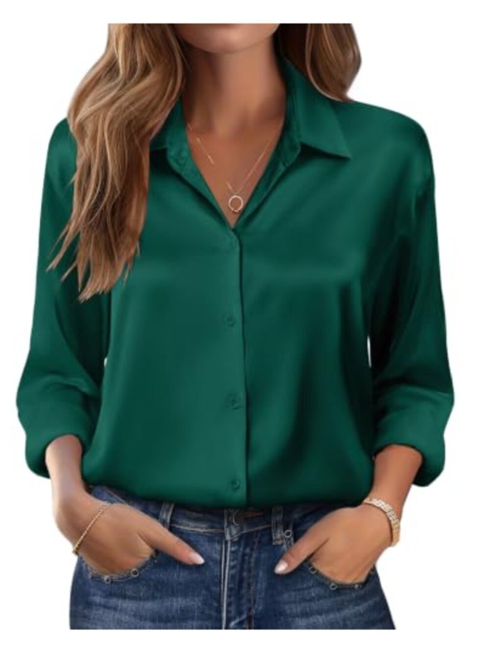 Satin Silk Button Down Shirt Long Sleeve V-Neck Tunic Blouse Women's